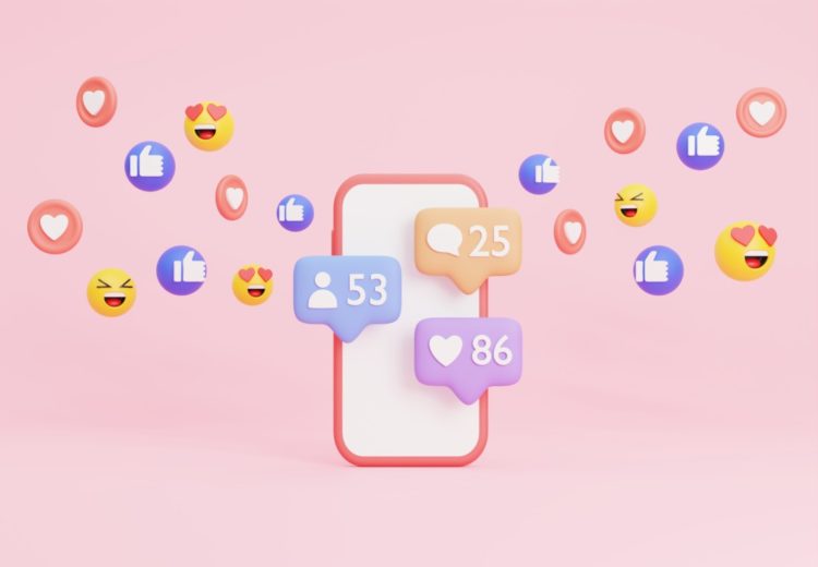 3d логотипы смайликов, лайков и сообщений в социальных сетях в смартфоне 